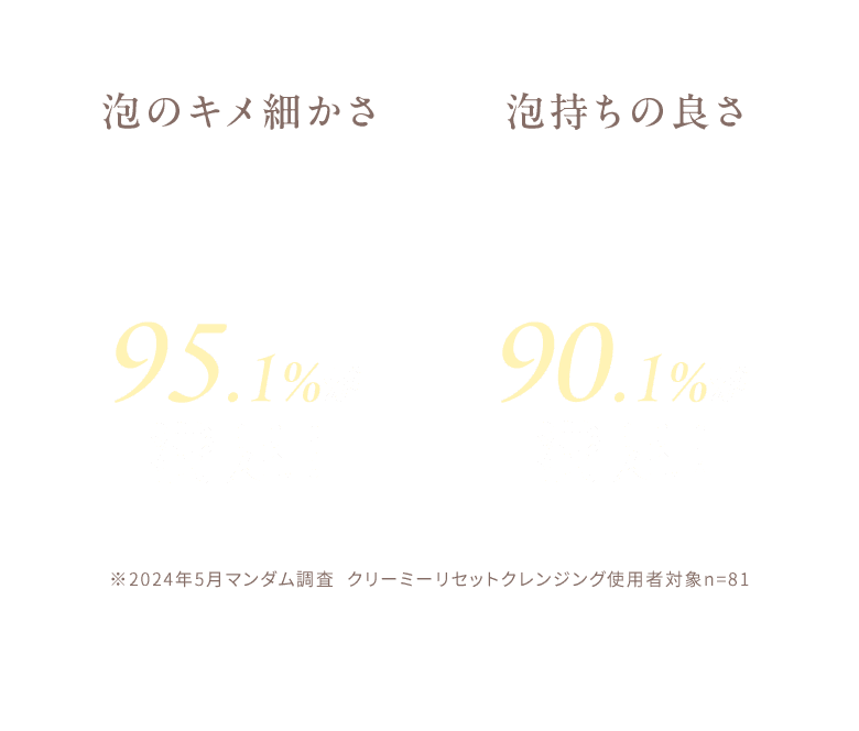 泡のキメ細かさ 95.1%が満足！ 泡持ちの良さ 90.1%が満足！ ※2024年5月マンダム調査  クリーミーリセットクレンジング使用者対象n=81